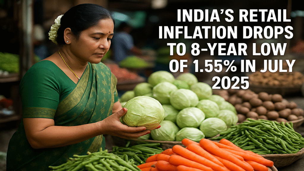जुलाई 2025 में भारत की खुदरा मुद्रास्फीति घटकर 1.55% पर आ गई, जो पिछले 8 वर्षों का न्यूनतम स्तर है।